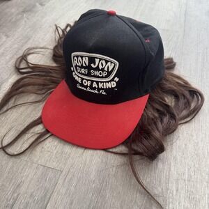 Vintage Ron Jon Surf Shop Hat Cap Snap Back Wig Pony Express Creations Black Red